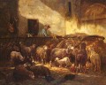 French 1813 to 1894A Flock Sheep In A Barn animalier Charles Emile Jacque